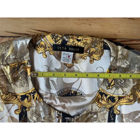 Ceta Dolce Vintage 80s Mens Polo Brocade Silk Metallic Tie Back Button Up Vest L - Picture 9 of 11